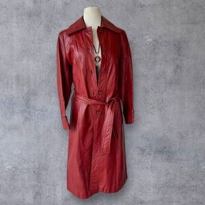 Vtg 70s Oxblood Leather Suburban Heritage Trench Coat Red Wine Dagger Collar